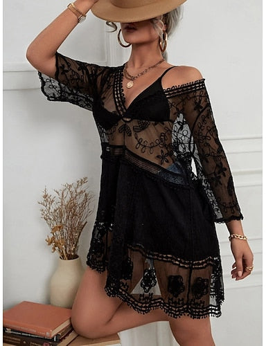 Cover Up Swimsuit Dress Lace Patchwork Vacation Beach Wear Color V Neck Long Sleeve Bathing Suits