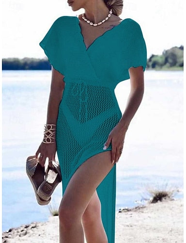Cover Up Swimsuit Dress Cut Out Knit Vacation Beach Wear Color V Neck Short Sleeves Bathing Suits