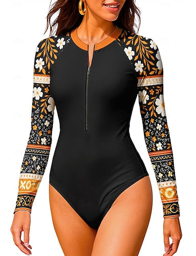 Regular Rash Guard Bathing Suit One Piece Swimsuit Color-blocking With Built in Bra Upf50+ Uv Protection Stretchy Long Sleeve Swimwear Bodysuit Surfing Beach Water Sports Summer