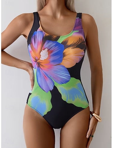 Swimwear One Piece Dress Swimsuit Vacation Graphic Round Neck Sleeveless Bathing Suits