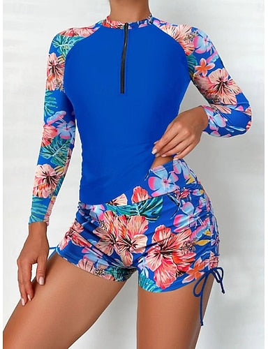 Swimwear Tankini 2 Piece Shorts Swimsuit Tummy Control High Waist Slim Backless Vacation Beach Wear High Neck Long Sleeve Bathing Suits