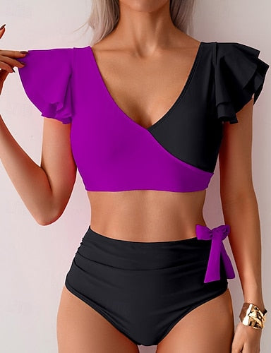 Swimwear 2 Piece Cheeky Swimsuit Ruched Patchwork Backless Vacation Beach Wear Color Block V Neck Sleeveless Bathing Suits