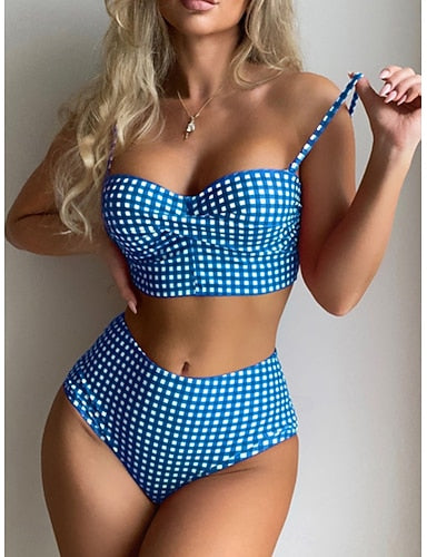 Bikini 2 Piece Swimsuit Underwire Cheeky Slim Backless Vacation Beach Wear Plaid Halter Neck Sleeveless Bathing Suits