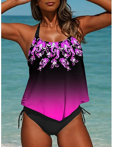 Tankini 2 Piece Swimsuit Cheeky S Backless Vacation Beach Wear Ombre Graphic U Neck Sleeveless Bathing Suits