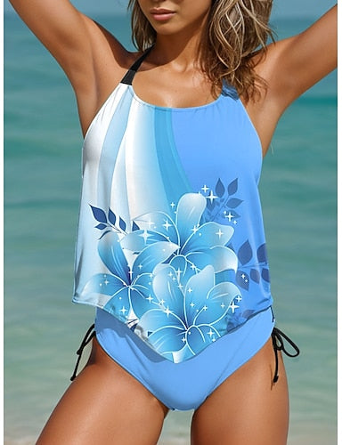 Tankini 2 Piece Swimsuit Cheeky Backless Vacation Beach Wear Ombre U Neck Sleeveless Bathing Suits