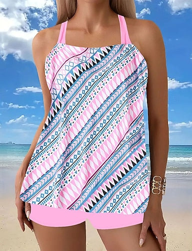 Swimwear 2 Piece Shorts Swimsuit Backless Vacation Beach Wear Graphic Round Neck Sleeveless Bathing Suits