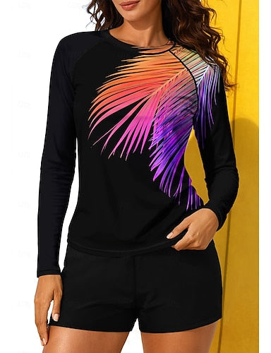 Regular Rash Guard Swimsuit Rash Guard Print Swimsuit Tropical Color-blocking 2 Piece Removable Pad Boyleg Uv Sun Protection Upf50+ Uv Protection Long Sleeve Swimwear Sun Shirt