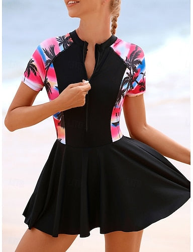 Tankini Swimsuit Zip Front Palm Dress Briefs Tummy Control High Waist Slim Backless Vacation Beach Wear Graphic Color Block Round Neck Short Sleeves Bathing Suits
