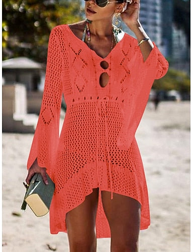 Swimwear Cover Up Beach Dresses Swimsuit High Waist Slim Vacation Beach Wear Color V Neck Long Sleeve