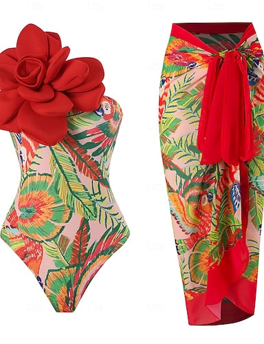 Swimwear One Piece 2 Piece Monokini Skirt Swimsuit Tummy Control High Waist Slim Backless Vacation Rose Asymmetric Neck Sleeveless Bathing Suits