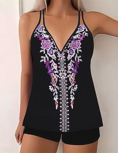 Tankini Two Piece Swimsuit V Neck Swimwear Swimwear Black Purple Breathable Quick Dry Lightweight Sleeveless - Swimming Surfing Beach Summer Spring