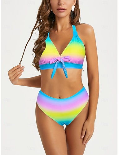 Swimwear 2 Piece Shorts Swimsuit Backless Geometrical Vacation Beach Wear Graphic Plunge Sleeveless Bathing Suits