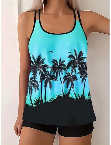 Tankini 2 Piece Swimsuit Palm Boy Leg Tummy Control High Waist Slim Backless Vacation Beach Wear Leaves U Neck Sleeveless Bathing Suits