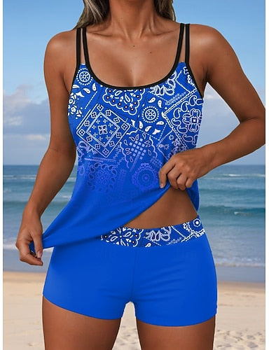 Tankini 2 Piece Swimsuit Shorts Backless Vacation Beach Wear Ombre Graphic U Neck Sleeveless Bathing Suits