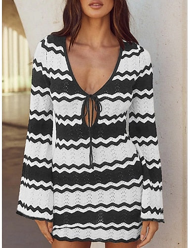 Cover Up Swimsuit Dress Knitted Vacation Beach Wear Color Block Stripe V Neck Long Sleeve Bathing Suits