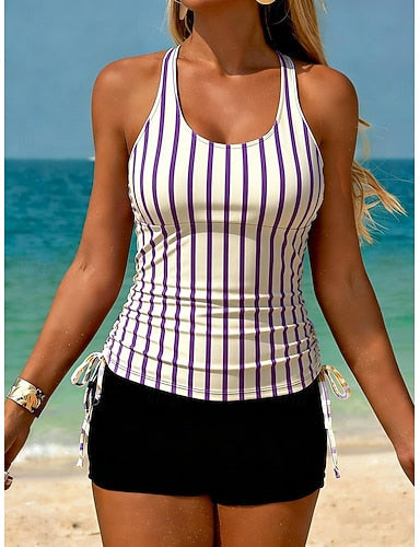 Swimwear Tankini 2 Piece Shorts Swimsuit Tummy Control High Waist Slim Backless Vacation Beach Wear Striped U Neck Sleeveless Bathing Suits