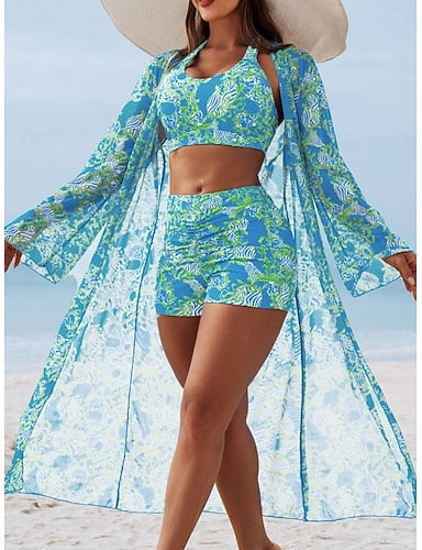 Bikini 3 Piece Swimsuit Shorts Slim Backless Vacation Beach Wear Halter Neck Sleeveless Bathing Suits