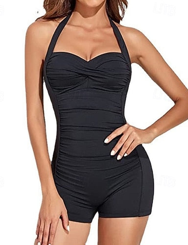 Bathing Suit Ruched One Pieces Swimsuits Colored Halter Elastic Sleeveless Swimwear Surfing Beach Vacation Summer