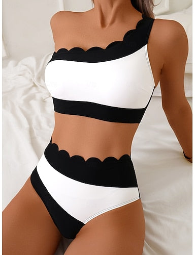 Bikini 2 Piece Swimsuit One Shoulder Colorblock Cheeky Tummy Control High Waist Slim Backless Vacation Beach Wear Color V Neck Sleeveless Bathing Suits
