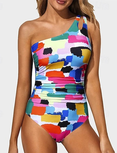 One Piece Swimsuit One Shoulder Swimwear Colored Swimwear Black Red Quick Dry Lightweight Breathable Sleeveless - Surfing Beach Swimming Summer Spring