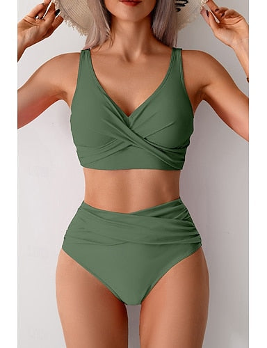 Swimwear Bikini Swimsuit Ruched High Waisted Tropical Beach Wear Plain V Wire Sleeveless Bathing Suits