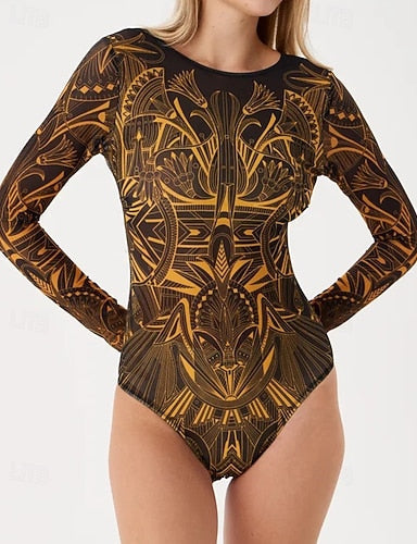 Rash Guard Bathing Suit One Piece Swimsuits Graphic Mesh Uv Protection Breathable Long Sleeve Swimwear Surfing Beach Vacation Spring