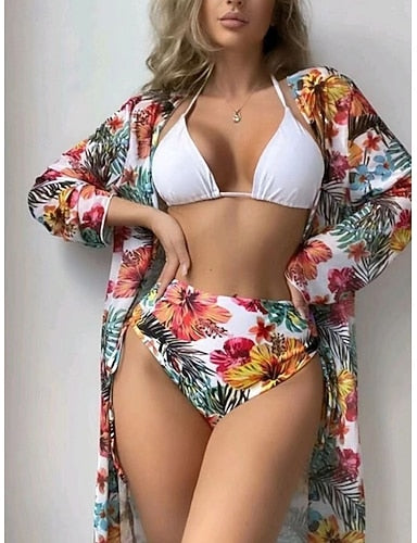 Swimwear Bikini Three Piece Briefs Swimsuit Slim Backless Vacation Beach Wear Halter Neck Long Sleeve Bathing Suits