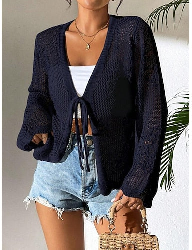 Swimwear Cover Up Rash Guard Swimsuit Tie Front Cut Out Vacation Beach Wear Plain V Neck Long Sleeve Bathing Suits