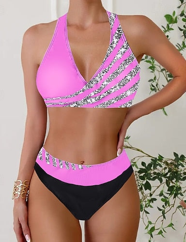 Swimwear 2 Piece Skirt Swimsuit Backless Vacation Beach Wear Stripe Striped V Neck Sleeveless Bathing Suits