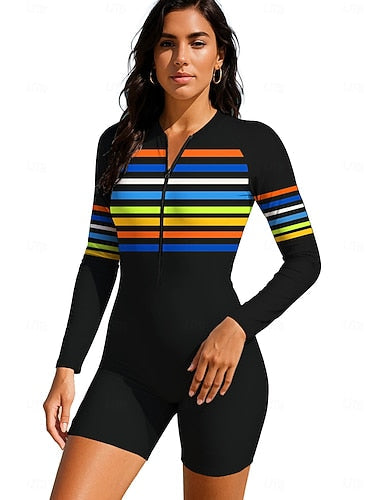 Rash Guard Dive Skin Suit Bathing Suit Swimsuit Set Stripes Geometry Zip Up Removable Pad Front Zip Uv Sun Protection Upf50+ Ultra Light (ul) Long Sleeve Swimwear Sun Shirt Surfing Beach