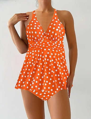 Swimwear 2 Piece Shorts Swimsuit Backless Vacation Beach Wear Polka Dot V Neck Sleeveless Bathing Suits