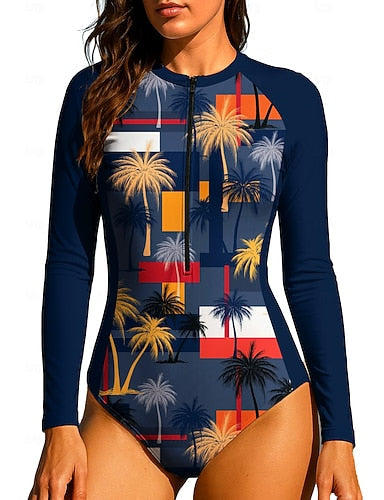 Standard Rash Guard Bathing Suit Swimsuit Set Geometric Plaid Tropical Zip Up Upf50+ Uv Protection Quick Dry Long Sleeve Swim Shirt Surfing Beach Water Sports Summer