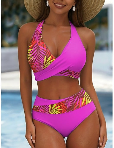 Bikini 2 Piece Swimsuit Palm Skirt Vacation Graphic V Neck Sleeveless Bathing Suits