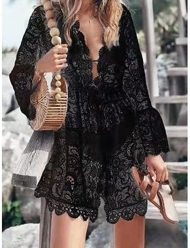 Mini Dress White Dress Beach Dress Black Dress Cover Up Flare Cuff Sleeve Daily Outdoor Beach Regular Fit Plain Long Sleeve V Neck Black White Summer Spring