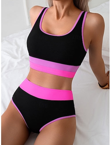 Bikini 2 Piece Swimsuit Colorblock Briefs Tummy Control High Waist Slim Backless Vacation Beach Wear Leaves U Neck Sleeveless Bathing Suits