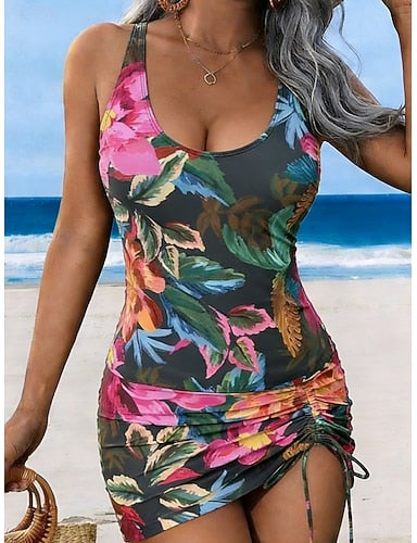 Swimwear Tankini 2 Piece Skirt Swimsuit Drawstring Vacation Scoop Neck Sleeveless Bathing Suits