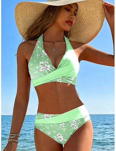 Bikini 2 Piece Swimsuit Cheeky Stylish Graphic V Neck Sleeveless Bathing Suits