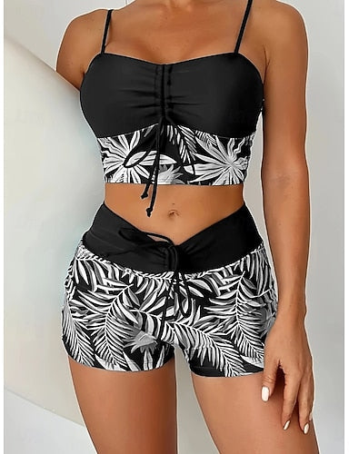 Swimwear Tankini Cheeky Swimsuit Patchwork Vacation Beach Wear Graphic Round Neck Sleeveless Bathing Suits
