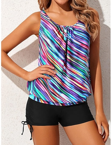 Tankini 3 Piece Swimsuit Shorts Tummy Control High Waist Slim Backless Vacation Beach Wear Graphic Geometric U Neck Sleeveless Bathing Suits