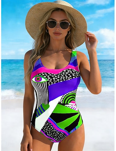 Swimwear One Piece High Cut Swimsuit Beach Wear Summer Graphic Geometric U Neck Sleeveless Bathing Suits