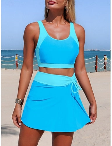 Swimwear Bikini 2 Piece Skirt Swimsuit Tummy Control High Waist Slim Backless Vacation Beach Wear Color Scoop Neck Sleeveless Bathing Suits