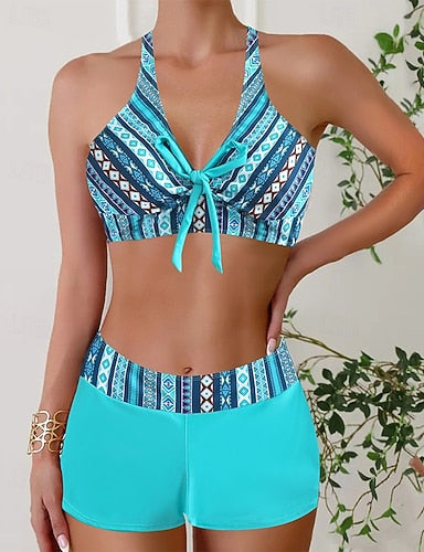 Swimwear 2 Piece Briefs Swimsuit Patchwork Backless Vacation Beach Wear V Neck Sleeveless Bathing Suits