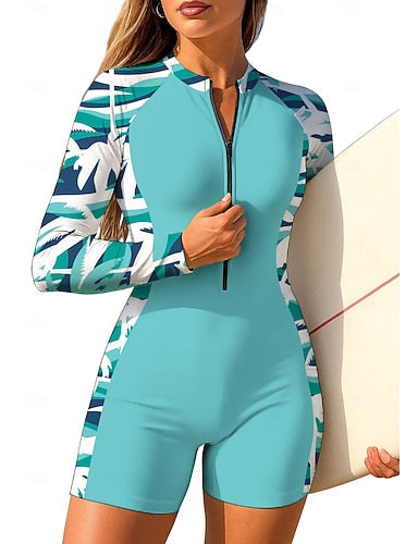 Rash Guard One Piece Surfing Suit Bathing Suit Geometric Tropical Color-blocking Zip Up With Built in Bra Removable Pad Uv Sun Protection Upf50+ Ultra Light (ul) Long Sleeve Swimwear Sun