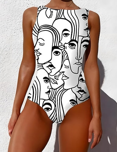 One Piece Swimsuit Slimming Monokini Backless Tummy Control High Waist Slim Vacation Beach Wear Graphic Animal Round Neck Sleeveless Bathing Suits
