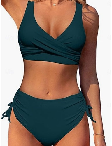 Bikini 2 Piece Swimsuit Ruched Cheeky Slim Backless Vacation Beach Wear Color V Neck Sleeveless Bathing Suits