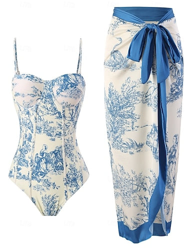 One Piece Swimsuit Monokini Skirt Tummy Control High Waist Slim Backless Vacation Beach Wear Graphic Halter Neck Sleeveless Bathing Suits