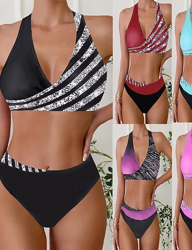 Swimwear 2 Piece Skirt Swimsuit Backless Vacation Beach Wear Stripe Striped V Neck Sleeveless Bathing Suits