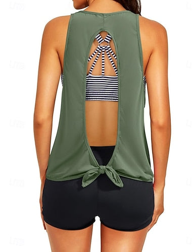 Tankini 3 Piece Swimsuit Shorts Tummy Control High Waist Slim Backless Vacation Beach Wear Graphic U Neck Sleeveless Bathing Suits