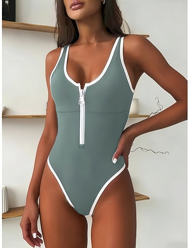 Swimwear One Piece Monokini Swimsuit Slim Front Zip Backless Vacation Beach Wear Color Scoop Neck Sleeveless Bathing Suits