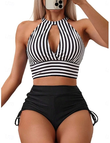 Bikini 2 Piece Swimsuit Colorblock Briefs Slim Backless Vacation Beach Wear Striped Halter Neck Sleeveless Bathing Suits